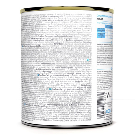 Raw Paleo Adult Monoprotein Light 800g Bezzbożowa Mokra Karma z Dorszem Dla Psów z Tendencją Do Nadwagi