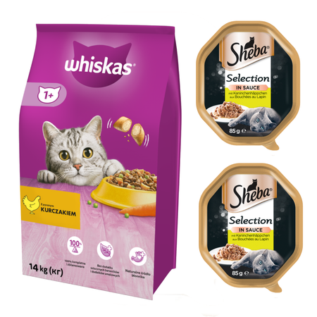 Sucha Karma Whiskas Adult Kurczak 14kg + Sheba Selection Królik W Sosie 2x 85g GRATIS