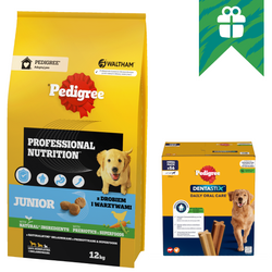 Pedigree Junior Professional Nutrition 12kg Z Drobiem I Warzywami Sucha Karma Dla Szczeniąt Średnich I Dużych Ras + GRATIS Pedigree Dentastix Large 8x270g