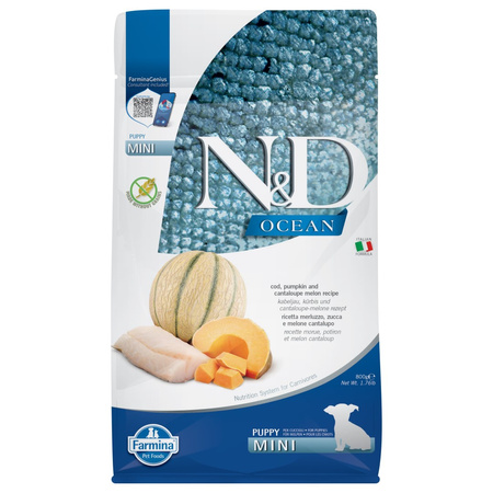 Farmina N&D Dog Ocean Cod Pumpkin Melon Puppy Mini 800g Sucha Karma Dla Szczeniąt Małych Ras Z Dorszem Dynią i Melonem