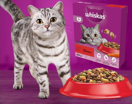 Whiskas Adult 800g Sucha Karma Pełnoporcjowa Dla Dorosłych Kotów Z Wołowiną W Kartonie
