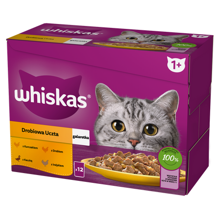 WHISKAS Adult Saszetki 48 x 85g Drobiowa Uczta Mokra Karma Dla Dorosłego Kota w Galaretce Kawałki z Kurczakiem Kaczką Drobiem Indykiem
