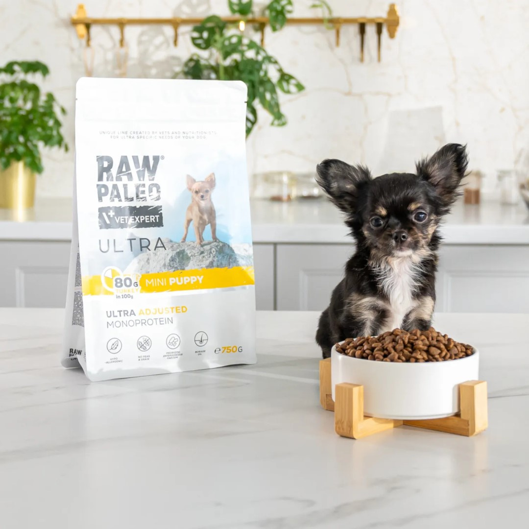 Raw Paleo Ultra Mini Puppy Turkey to pełnoporcjowa karma dla psów rosnących ras małych.