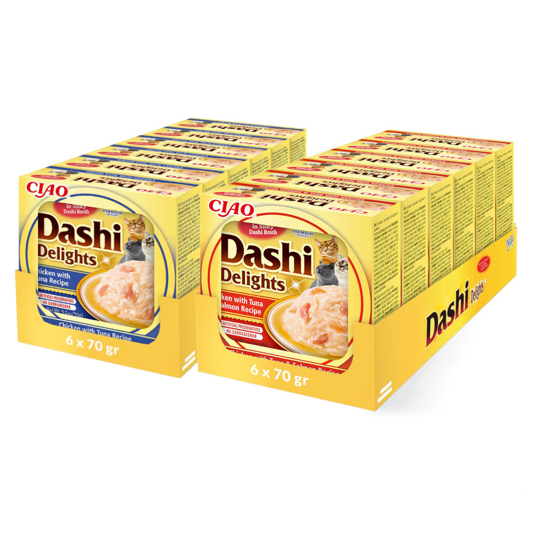Inaba Cat Dashi Delights 70g Uzupełniająca Karma Dla Kota Bulion z Kurczakiem Tuńczykiem i Łosoś