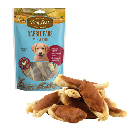  DOG FEST PUPPIES Rabbit Ears with Chicken 90g - Naturalne Królicze Uszy z Kurczakiem, Przysmak dla Szczeniąt