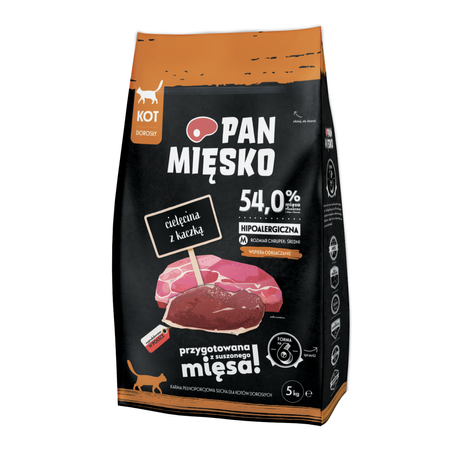 Pan Mięsko Pełnoporcjowa Sucha Karma Dla Kota Cielęcina Z Kaczką Chrupki M Wspierająca Odkłaczanie 5kg