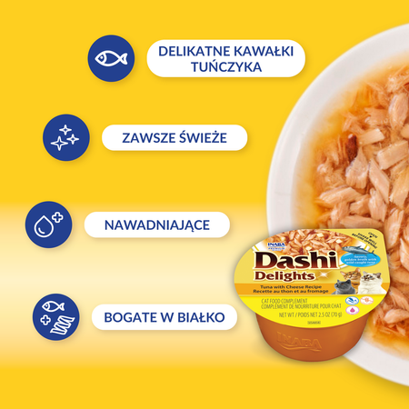 Inaba Cat Dashi Delights 12x70g Uzupełniająca Karma Dla Kota Bulion z Tuńczykiem i Serem