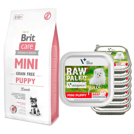 Sucha Karma Brit Care Mini Dla Szczeniąt I Małych Psów Jagnięcina 7kg + Karma Mokra Raw Paleo Wołowina 8x150g