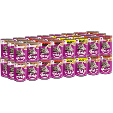 WHISKAS Adult 4 Smaki 48x400g Mokra Karma Dla Dorosłych Kotów (Kaczka Wołowina Kurczak Indyk)