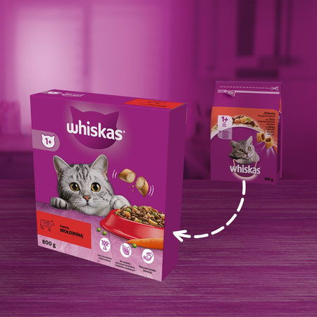 Whiskas Adult 2x800g Sucha Karma Pełnoporcjowa Dla Dorosłych Kotów Z Wołowiną W Kartonie