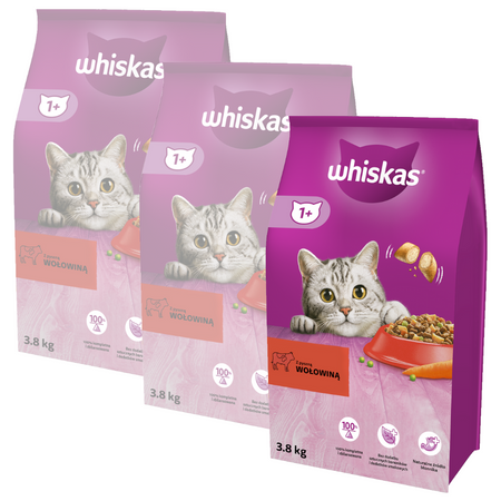 Whiskas Adult 3x3,8kg - Sucha Karma Pełnoporcjowa Dla Dorosłych Kotów Z Wołowiną