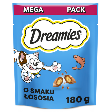 Dreamies z Łososiem 180g Przysmak Dla Kota Chrupiące Paszteciki z Nadzieniem