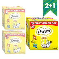 Dreamies Variety Snack Box 3x720g Przysmaki Dla Kota z Kurczakiem Serem I o Smaku Łososia 2+1 GRATIS