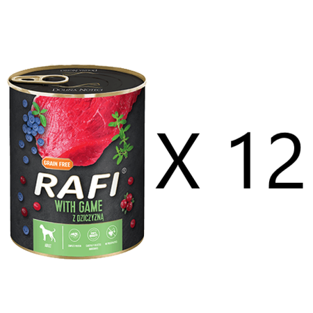 Rafi Mokra Karma dla Psów z Dziczyzną, Żurawiną i Borówką Puszka Zestaw 12 x 400 g