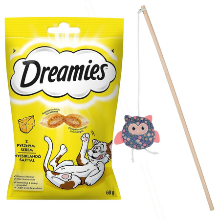 Dreamies z Wyśmienitym Serem 60g Przysmaki dla kota + Zolux Zabawka Dla Kota Wędka Z Kocimiętką