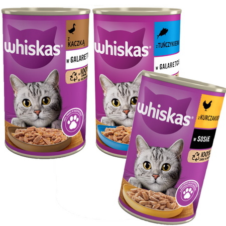 WHISKAS Adult 3 Smaki 48x400g Kaczka Tuńczyk Kurczak Karma Mokra Dla Dorosłych Kotów