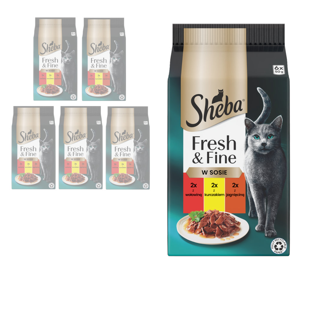 Sheba Fresh&Fine 6x50g  Mokra Karma Dla Kotów W Sosie Z Wołowiną  Kurczakiem Jagnięciną