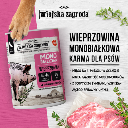 Wiejska Zagroda Monobiałkowa Karma Mokra Dla Psów Dorosłych Wieprzowina 96,4% Mięsa 400g