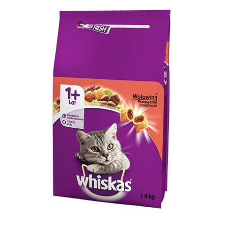  Karma sucha dla kotów dorosłych WHISKAS 1+ Adult z Wołowiną 6x1.4kg