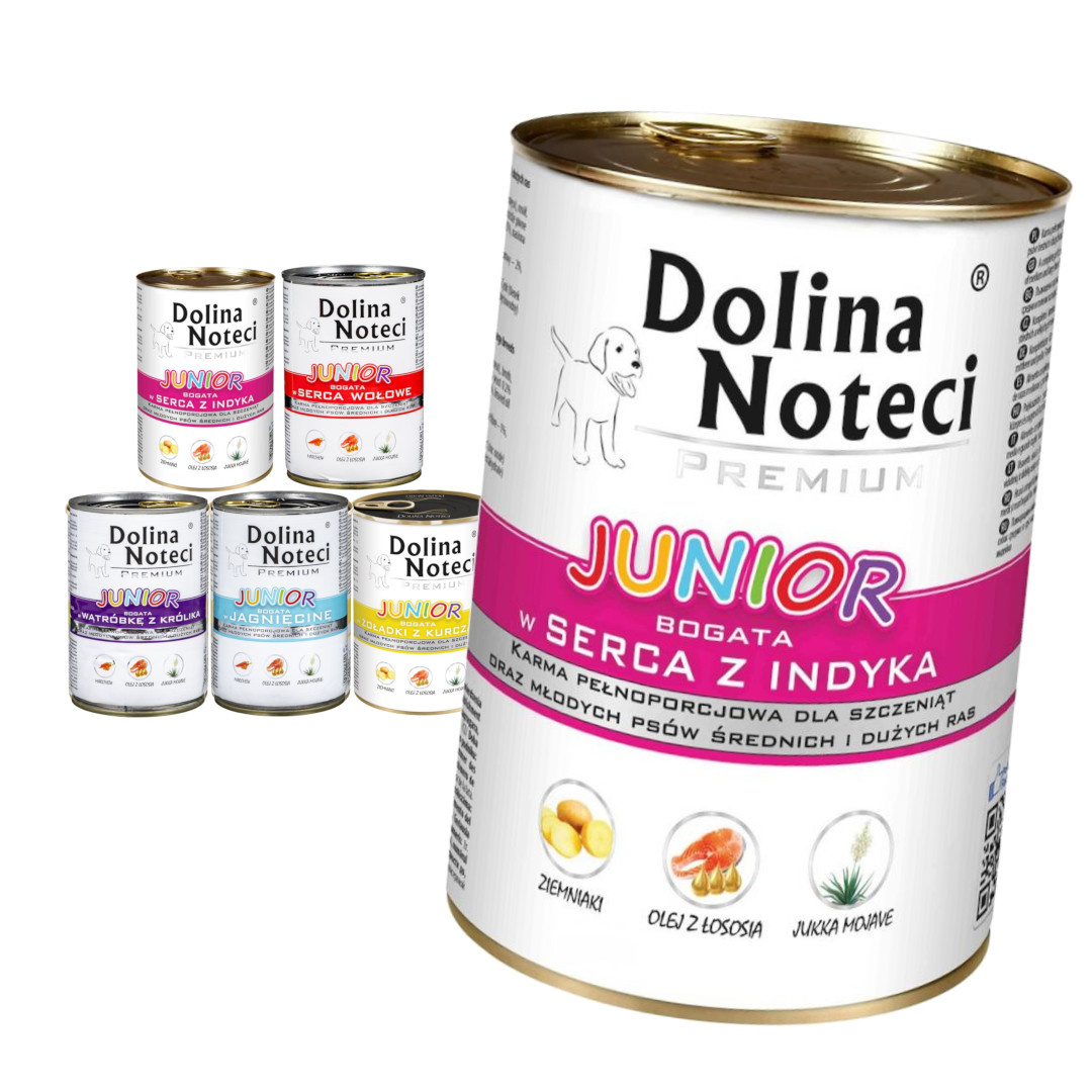 Dolina Noteci Premium Junior Bogata W Serca Indyka, Jagnięcinę, Wątróbkę z Królika i Serca Wołowe