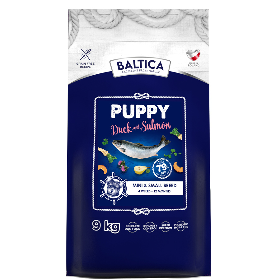 Baltica Puppy Kaczka z Łososiem XS/S 9kg Bezzbożowa Sucha Karma Dla Szczeniąt Miniaturowych I Małych Ras