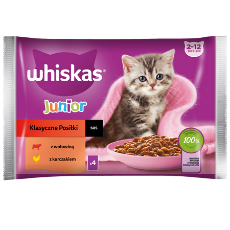 Whiskas Junior 13x340g Klasyczne Posiłki Mokra Karma Dla Kociąt W Sosie Kawałki Z Wołowiną I Z Kurczakiem