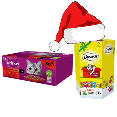 WHISKAS Adult Klasyczne Posiłki W Sosie 80x85g Mokra Karma Dla Kota + Dreamies Zestaw Prezentowy