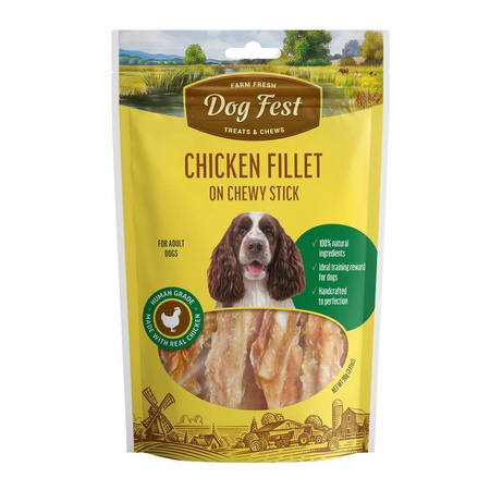 DOG FEST Chicken Fillet On Chewy Stick 90g - Naturalne Pałeczki z Filetem z Kurczaka, Przysmak dla Dorosłych Psów