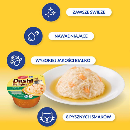 Inaba Cat Dashi Delights 6x70g Uzupełniająca Karma Dla Kota Bulion z Kurczakiem i Płatkami Bonito 3+3 Gratis