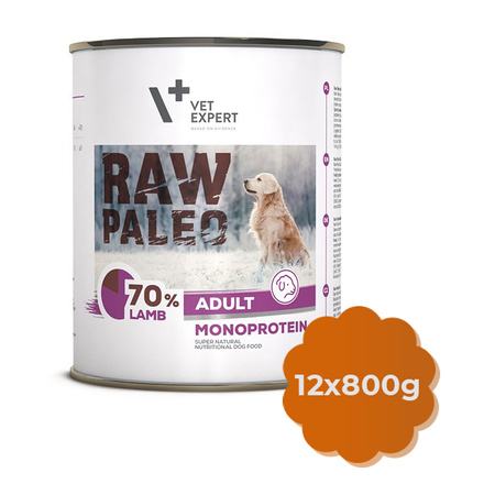 ZESTAW VetExpert RAW PALEO Adult Lamb 12x800g z Jagnięciną - Karma Mokra dla Psów, niskokaloryczna 