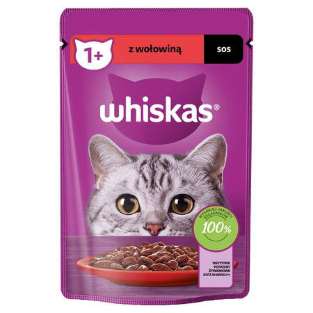 Whiskas Adult 28x85g Mokra Karma Pełnoporcjowa Dla Dorosłych Kotów Kawałki Z Wołowiną W Sosie