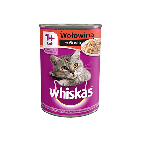 WHISKAS 1+ z Wołowiną w Sosie 2x 400g Puszka - Mokra karma dla kota, 1+1 50%