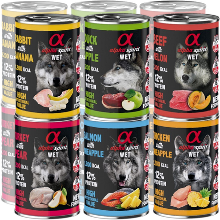 Alpha Spirit Mix 6 Smaków 12x400g Bezzbożowa Mokra Karma Dla Psów Królik Kaczka Wołowina Indyk Łosoś Kurczak