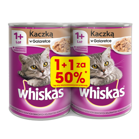 WHISKAS 1+ z Kaczką w Galaretce 2x 400g Puszka - Mokra karma dla kota, 1+1 50%
