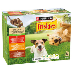 Friskies 12x85g Mokra Karma Dla Dorosłych Psów Z Wołowiną Kurczakiem I Jagnięciną W Sosie