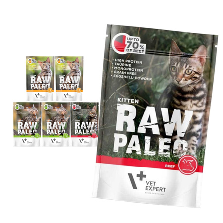 Vet Expert Raw Paleo Kitten Mix Smaków 6x100g Karma Mokra Dla Kociąt z Indykiem Dziczyzną i Wołowiną