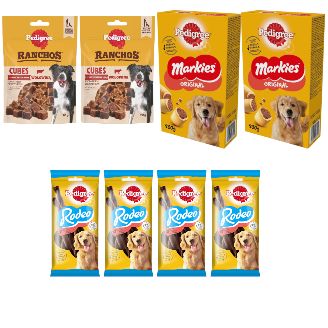 Pedigree Zestaw Przysmaków Mix Biscrok 2x500g + Rodeo 4x123g + Ranchos Cubes z Wołowiną 2x70g Treserki
