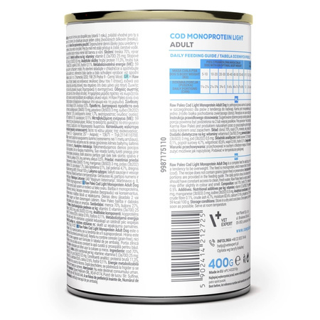 Raw Paleo Adult Monoprotein Light 6x400g Bezzbożowa Mokra Karma z Dorszem Dla Psów z Tendencją Do Nadwagi
