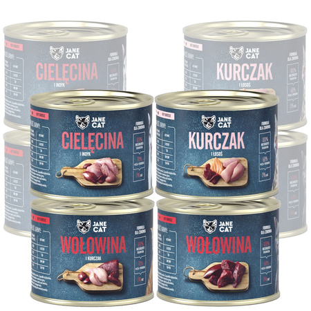 Jane Cat Adult Mix Smaków 8x200g Mokra Karma Dla Kotów Bez Zbóż Wołowina Cielęcina Kurczak Indyk Łosoś