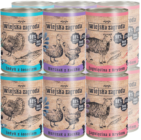 Wiejska Zagroda Bezzbożowa Mokra Karma Dla Kota Mix 3 Smaków 12x400g Jagnięcina Z Krylem Kurczak Z Kaczką Indyk Z Łososiem