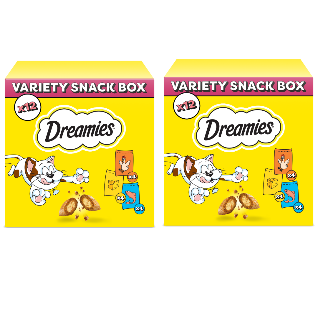 DREAMIES Variety Snack Box – karma uzupełniająca dla kotów (z kurczakiem, z serem i o smaku łososia