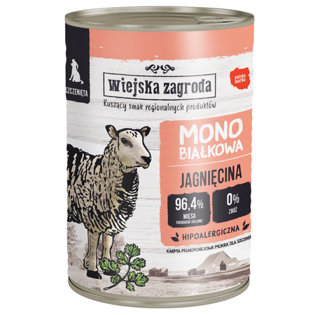 Wiejska Zagroda Monobiałkowa Karma Mokra Dla Psów Szczeniąt Jagnięcina 96,4% Mięsa 12x400g