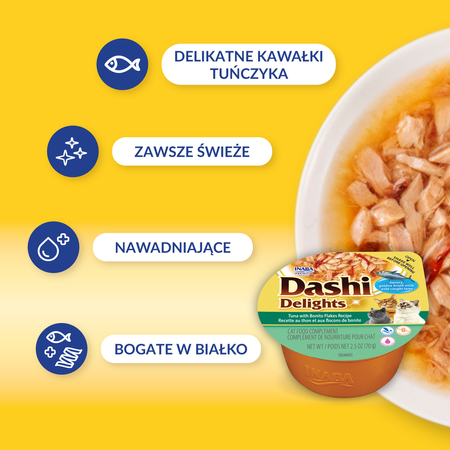 Inaba Cat Dashi Delights 70g Uzupełniająca Karma Dla Kota Bulion z Tuńczykiem i Płatkami Bonito