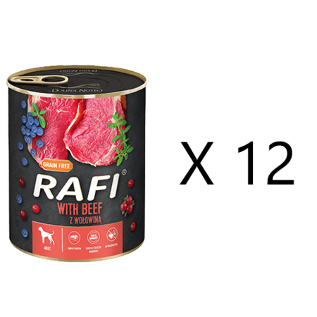 Rafi Mokra Karma dla Psów z Wołowiną, Żurawiną i Borówką Puszka Zestaw 12 x 400 g
