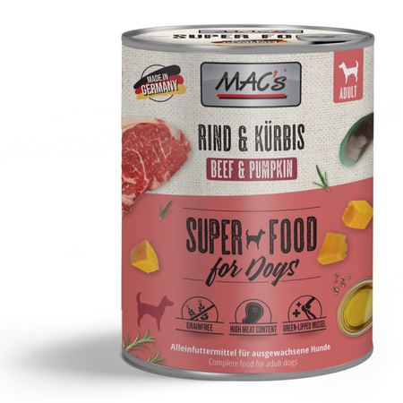 MAC's Dog 12x800g Bezzbożowa Mokra Karma z Wołowiną i Dynią Dla Psa Na Stawy Skórę Sierść