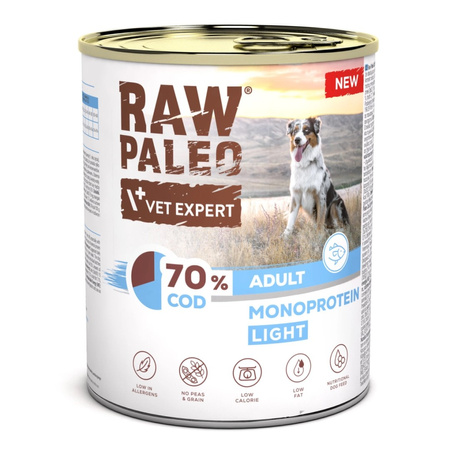 Raw Paleo Adult Monoprotein Light 12x800g Bezzbożowa Mokra Karma z Dorszem Dla Psów z Tendencją Do Nadwagi