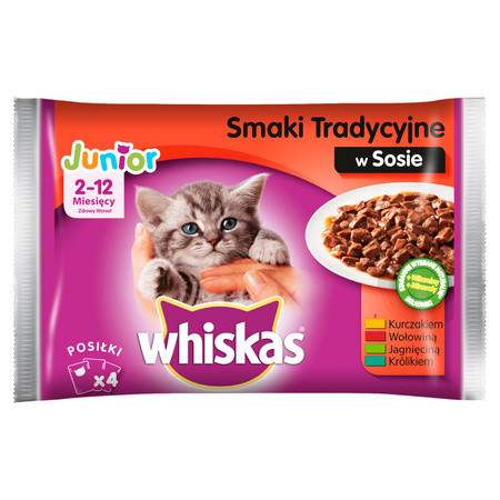 Whiskas Junior wybór dań mięsnych w sosie 4x100g Saszetki Smaki Mięsne 400g