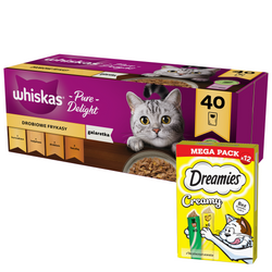 Karma dla kota WHISKAS Drobiowe Smaki 40 x 85 g + Dreamies Creamy 12x10g Kremowy Przysmak Dla Kota Z Serem I Z Kocimiętką