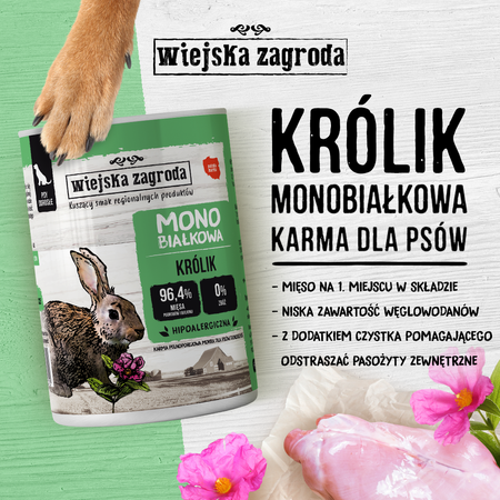 Wiejska Zagroda Monobiałkowa Karma Mokra Dla Psów Dorosłych Królik 96,4% Mięsa 400g
