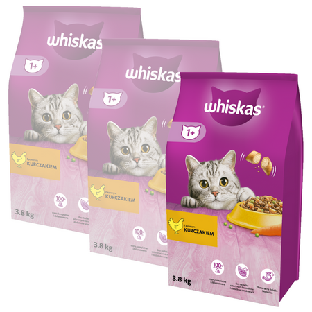 WHISKAS Adult 3x3,8 kg z Kurczakiem Sucha Karma Pełnoporcjowa Dla Dorosłych Kotów